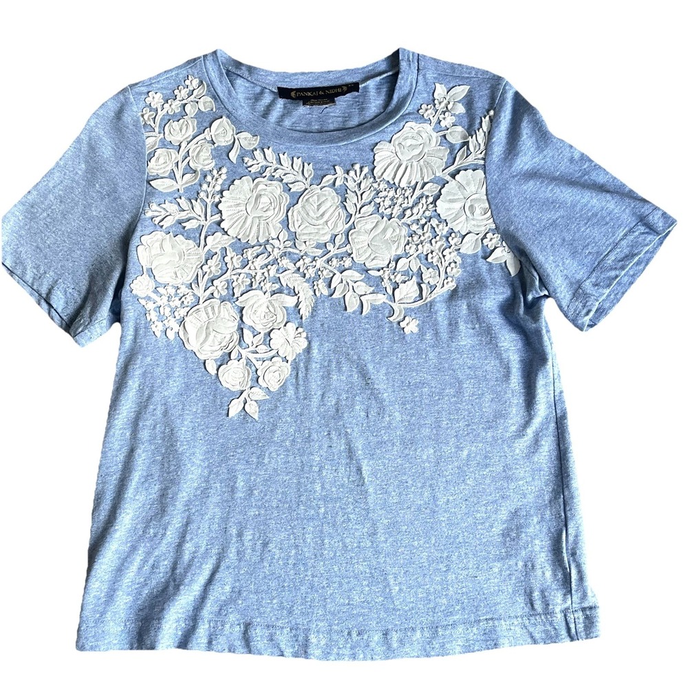 Anthropologie Pankaj & Nidhi Top Floral Shirt XS Blue Floral Appliqué Short